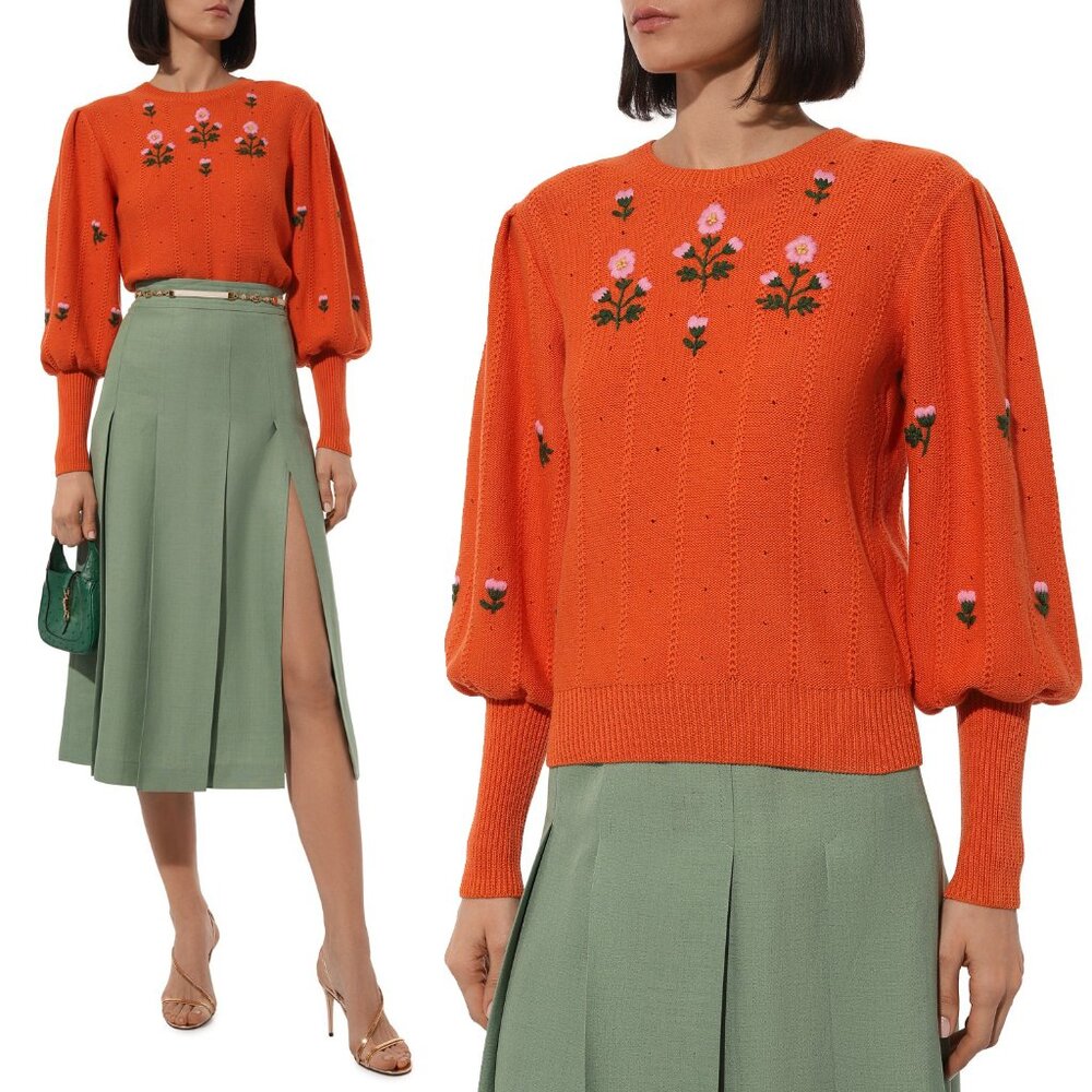 GUCCI SWEATER ORANGE WOOL BLEND FLORAL EMBROIDERED JUMPER sz XS EXTRA SMALL - Picture 4 of 16